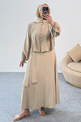 Kolları Büzgülü Nervürlü Kuşaklı Gömlek ve Uzun Etekli İkili Takım 8875 - Bej